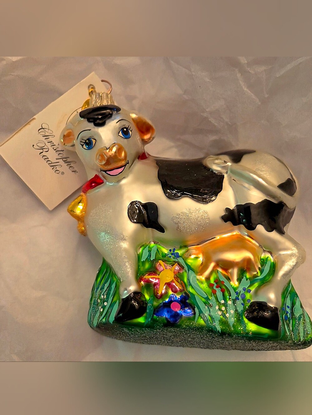 Christopher Radko "Udder Delight Glass Cow Ornament, Handpainted, RARE w/Tag